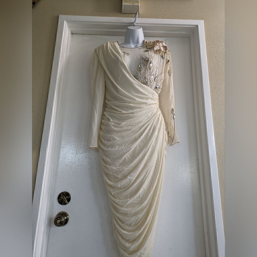 Vintage ivory rhinestone dress with shoulder pads circa 80's - Picture 9 of 10